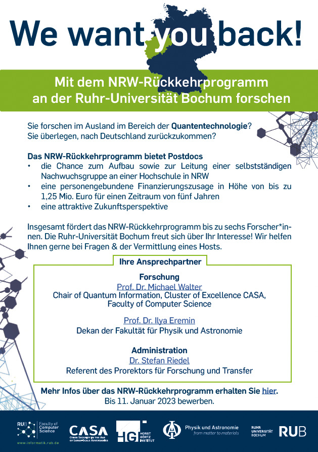 Sie forschen im Ausland im Bereich der Quantentechnologie? Sie überlegen, nach Deutschland zurückzukommen? Das NRW-Rückkehrprogramm bietet Postdocs • die Chance zum Aufbau sowie zur Leitung einer selbstständigen Nachwuchsgruppe an einer Hochschule in NRW • eine personengebundene Finanzierungszusage in Höhe von bis zu 1,25 Mio. Euro für einen Zeitraum von fünf Jahren • eine attraktive Zukunftsperspektive Insgesamt fördert das NRW-Rückkehrprogramm bis zu sechs Forscher*innen. Die Ruhr-Universität Bochum freut sich über Ihr Interesse! Wir helfen Ihnen gerne bei Fragen & der Vermittlung eines Hosts. Ansprechpartner: Forschung Prof. Dr. Michael Walter Chair of Quantum Information, Cluster of Excellence CASA, Faculty of Computer Science Prof. Dr. Ilya Eremin Dekan der Fakultät für Physik und Astronomie Administration Dr. Stefan Riedel Referent des Prorektors für Forschung und Transfer Bis 11. Januar 2023 bewerben.