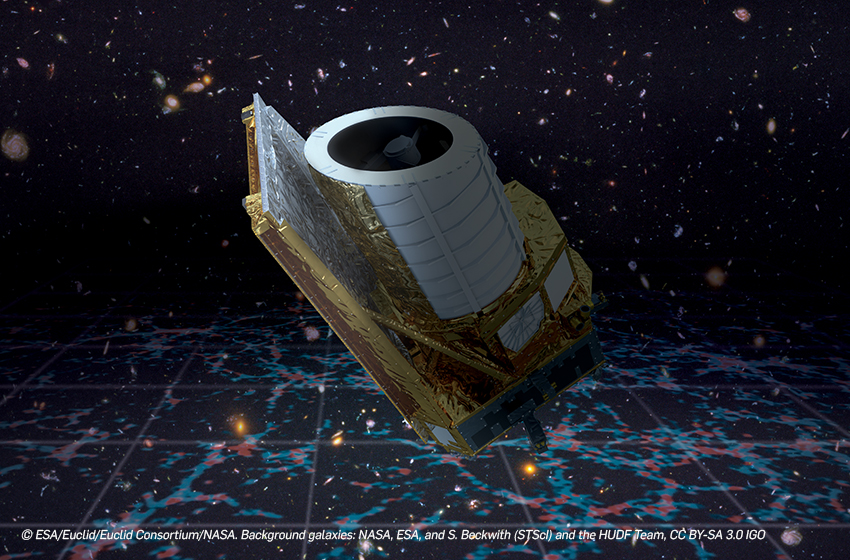 Artist impression of the Euclid mission in space. The spacecraft is white and gold and consists of three main elements: a flat sunshield, a large cylinder where the light from space will enter, and a 'boxy' bottom containing the instruments. The spacecraft is shown half in the shadow, because the sunshield will always be faced in the direction of the Sun and thus protecting the telescope from the light of the Sun. The background is a realistic representation of a deep field view of the night sky, with many galaxies visible. On the bottom half of the image, an artistic representation of the cosmic web is overlayed over the galaxies. The cosmic web is the scaffolding of the cosmos on which galaxies are built, consisting primarily of dark matter and laced with gas. The cosmic web is here represented with a grid and a two-dimensional representation of a cosmological simulation.