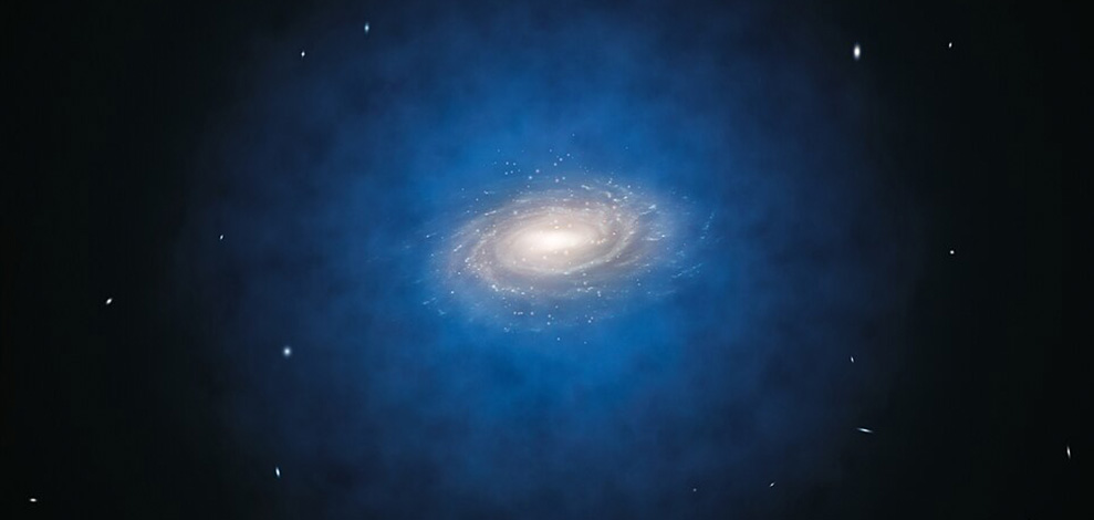 20260323_Vogel_Dark Matter Diese künstlerische Darstellung zeigt die Milchstraße. Der blaue Materie-Halo, der die Galaxie umgibt, verdeutlicht die erwartete Verteilung der Dunklen Materie.