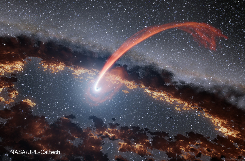 This illustration shows a glowing stream of material from a star, disrupted as it was being devoured by a supermassive black hole. The feeding black hole is surrounded by a ring of dust. This dust was previously illuminated by flares of high-energy radiation from the feeding black hole, and is now shown re-radiating some of that energy as heat in the infrared part of the spectrum.