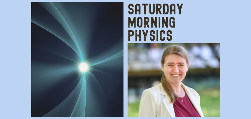 Abstrakte Vision eines Photons am Schnittpunkt elektromagnetischer Wellen in Form eines Lichtpunktes. Und Portrait von Dorit Reiter, einer lächelnden Frau mit tiefen Pferdeschwanz.