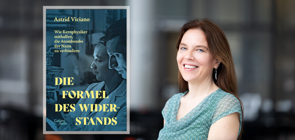 Viciano Lesung & Vortrag Ein Portrait von Dr. Astrid Viciano, einer lächelnden, brünetten Frau, neben dem Buchcover ihres Werks "Die Formel des Widerstands"